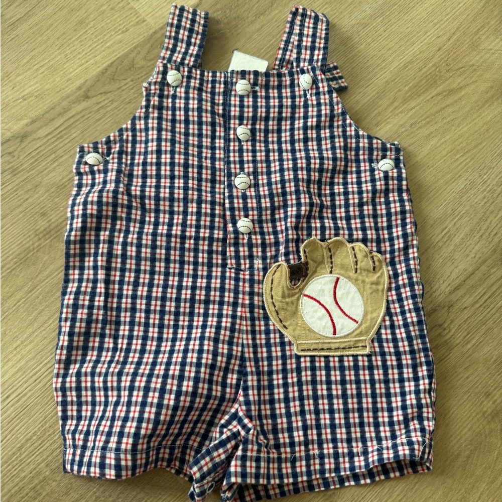 Plaid Kids Overalls with Baseball Glove Patch